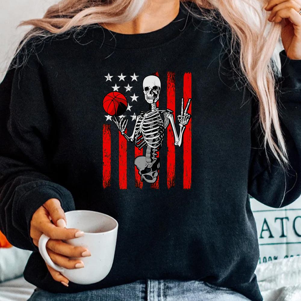 Basketball Halloween Skeleton Dunking Dribble American Flag Shirt Basketball Halloween Skeleton Dunking Dribble American Flag Shirt