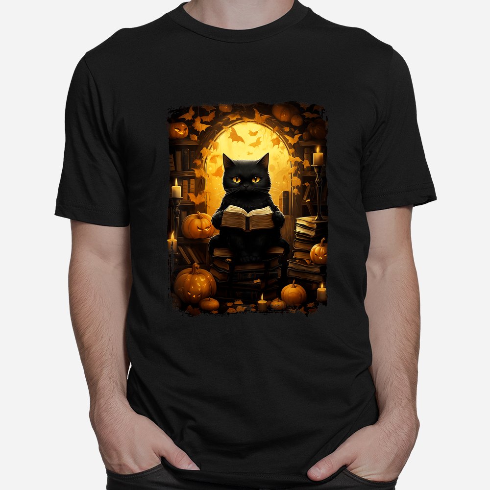Black Cat Reading Books Pumpkin Autumn Teachers Halloween Shirt Black Cat Reading Books Pumpkin Autumn Teachers Halloween Shirt