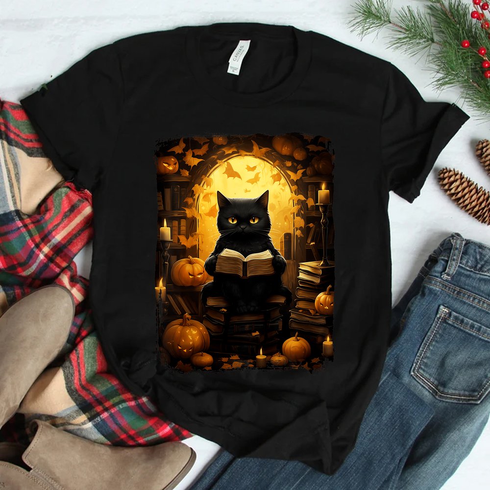 Black Cat Reading Books Pumpkin Autumn Teachers Halloween Shirt Black Cat Reading Books Pumpkin Autumn Teachers Halloween Shirt