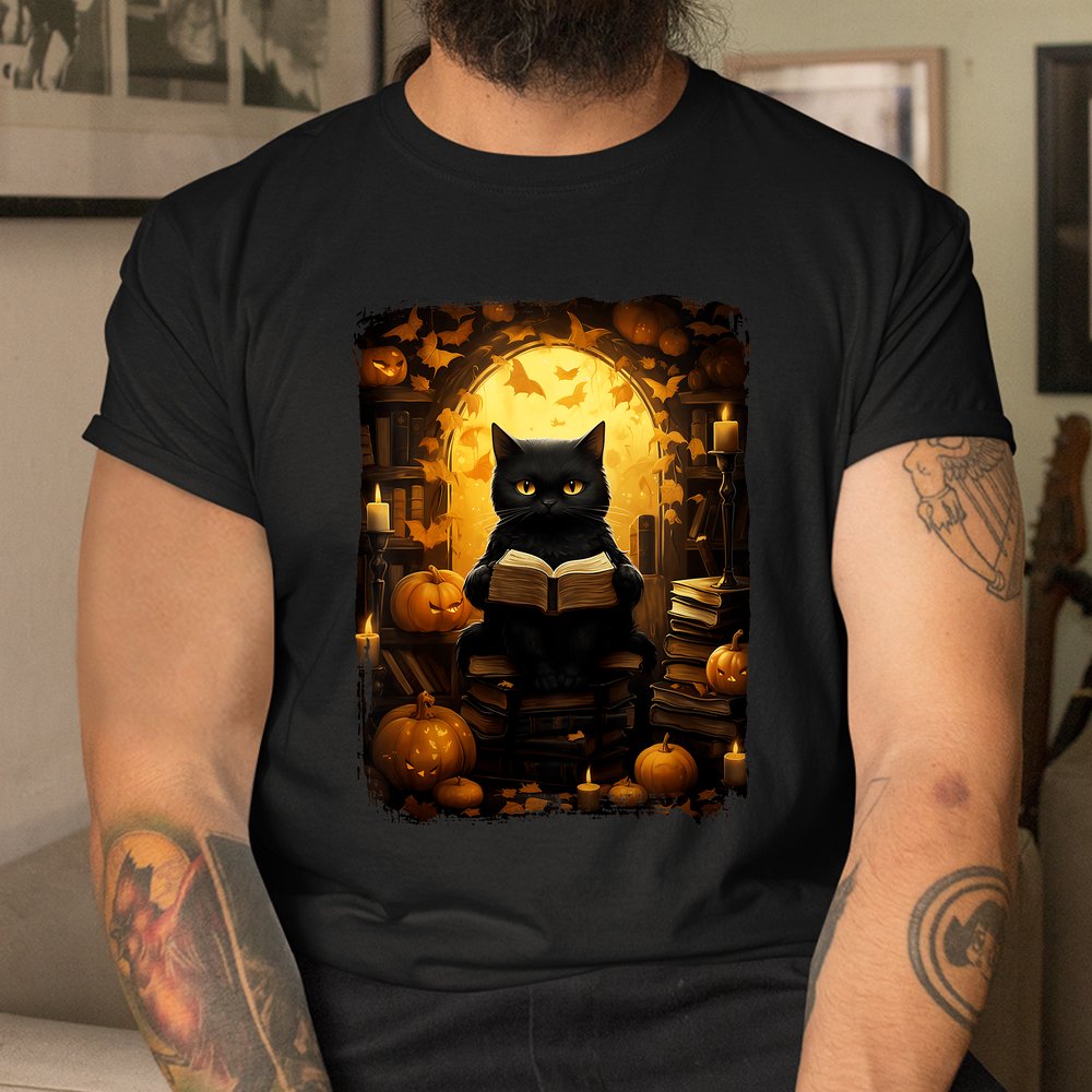 Black Cat Reading Books Pumpkin Autumn Teachers Halloween Shirt Black Cat Reading Books Pumpkin Autumn Teachers Halloween Shirt