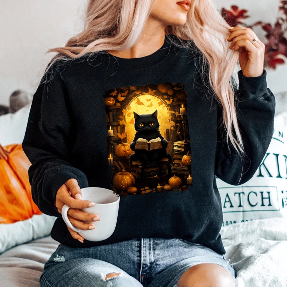 Black Cat Reading Books Pumpkin Autumn Teachers Halloween Shirt Black Cat Reading Books Pumpkin Autumn Teachers Halloween Shirt