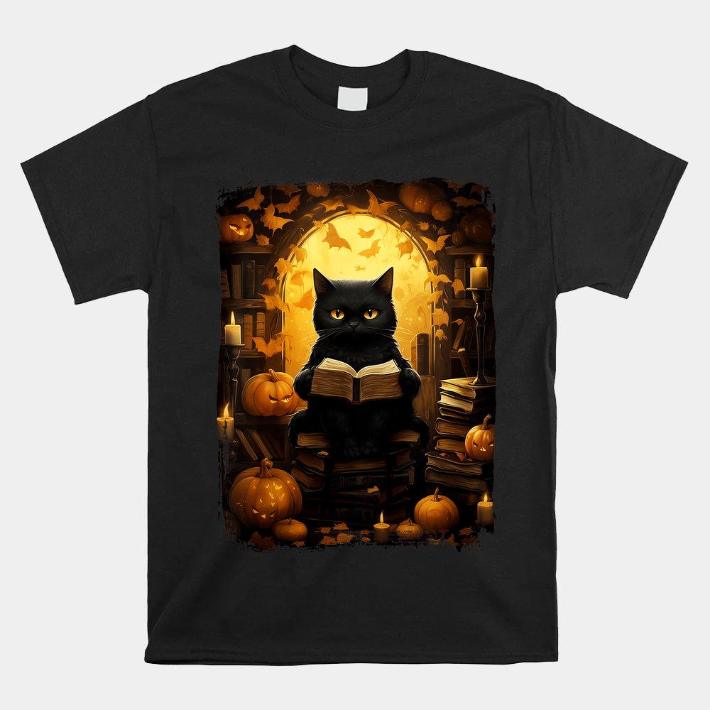 Black Cat Reading Books Pumpkin Autumn Teachers Halloween Shirt Black Cat Reading Books Pumpkin Autumn Teachers Halloween Shirt