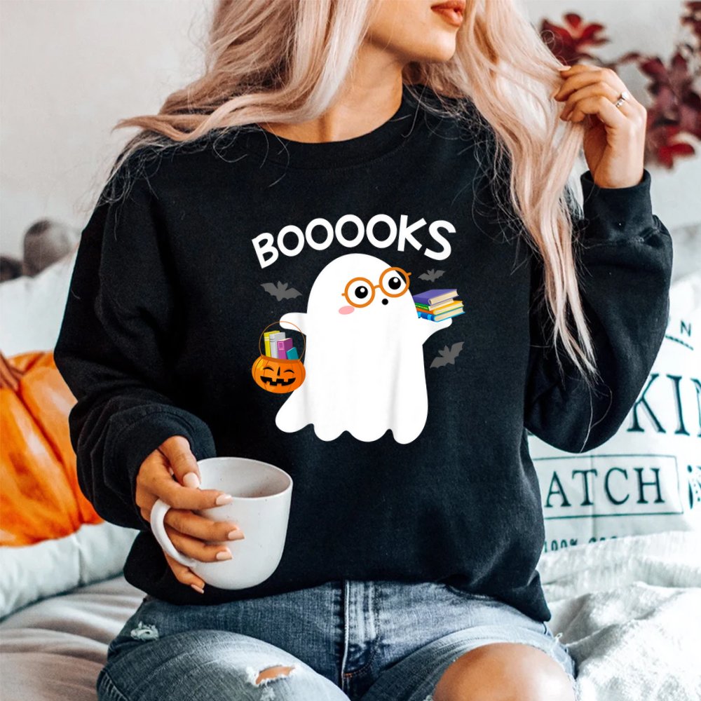Booooks Cute Ghost Reading Library Books Halloween Shirt Booooks Cute Ghost Reading Library Books Halloween Shirt
