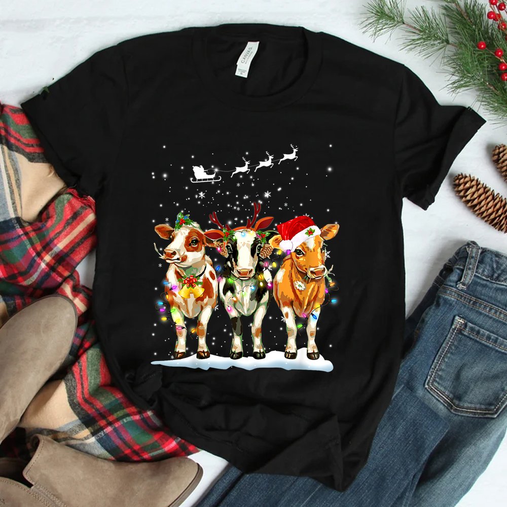 Cow Reindeer Santa Hat Christmas Light Funny Cows Shirt Cow Reindeer Santa Hat Christmas Light Funny Cows Shirt