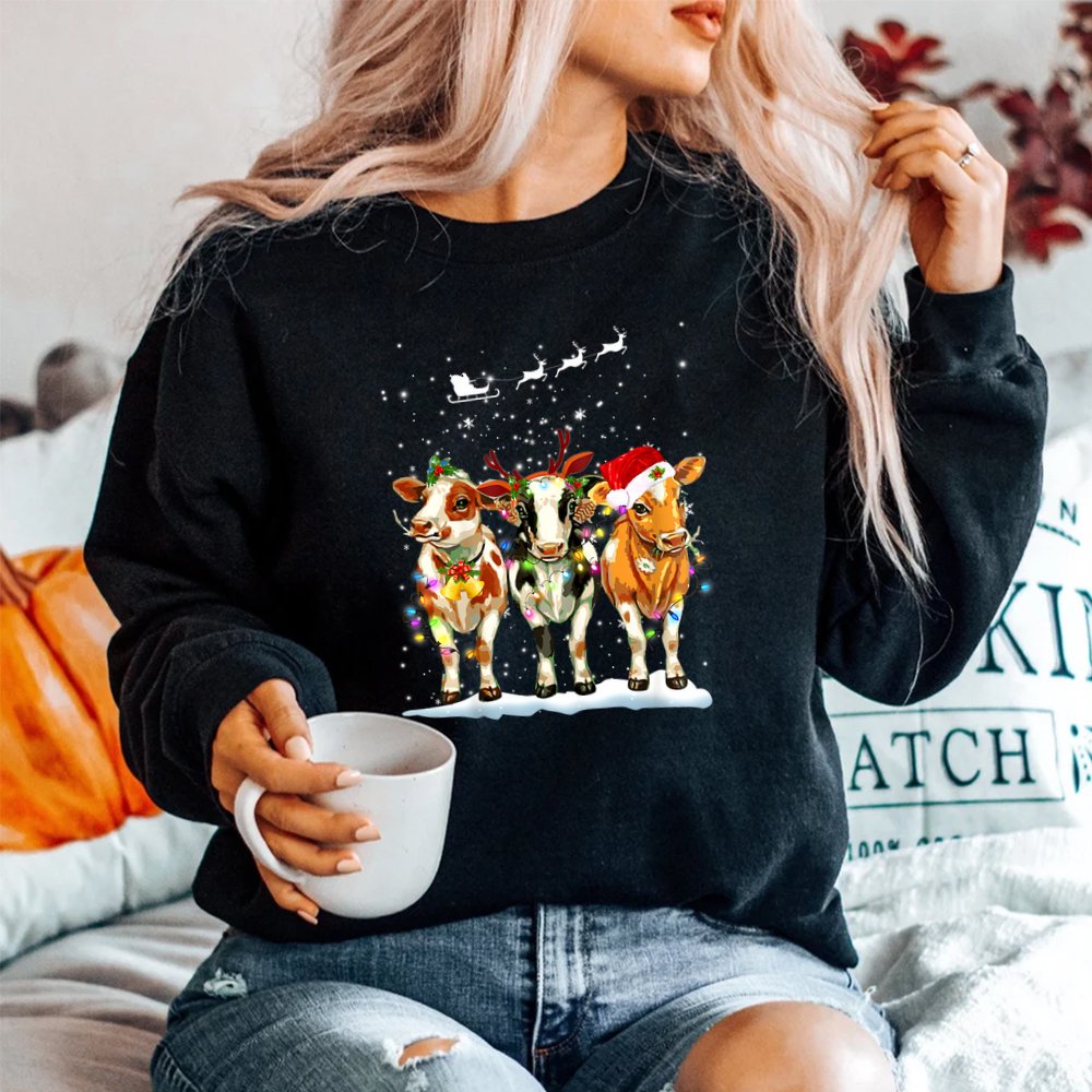 Cow Reindeer Santa Hat Christmas Light Funny Cows Shirt Cow Reindeer Santa Hat Christmas Light Funny Cows Shirt