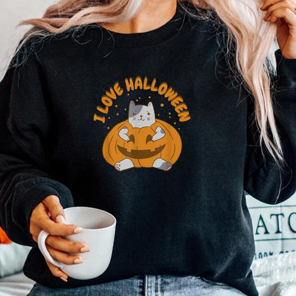 Cute Cat And Pumpkin I Love Happy Halloween Shirt Cute Cat And Pumpkin I Love Happy Halloween Shirt