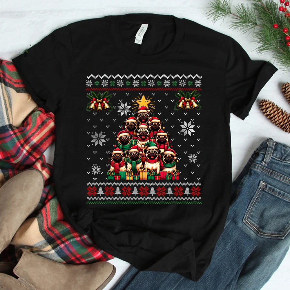 Cute Pug Tree Santa Hat Christmas Shirt Cute Pug Tree Santa Hat Christmas Shirt