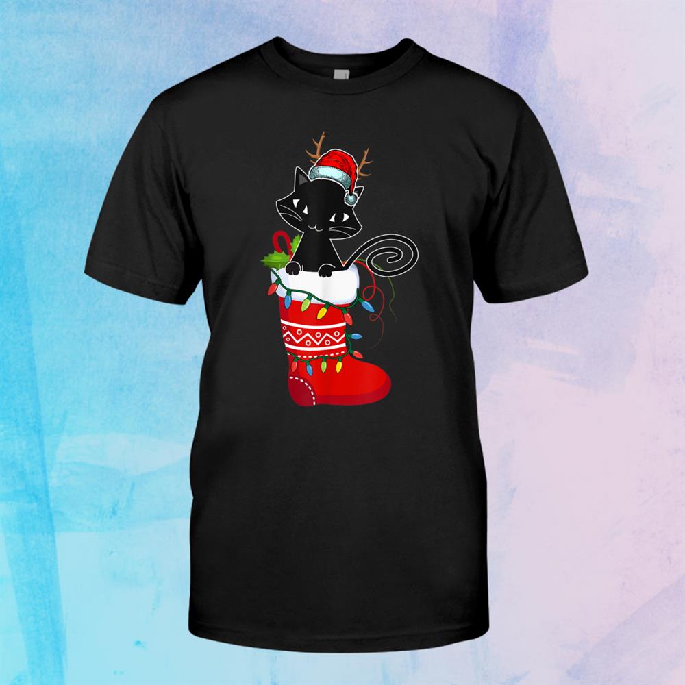 Funny Black Cat Christmas Lights In Stockings Pajama Shirt Funny Black Cat Christmas Lights In Stockings Pajama Shirt