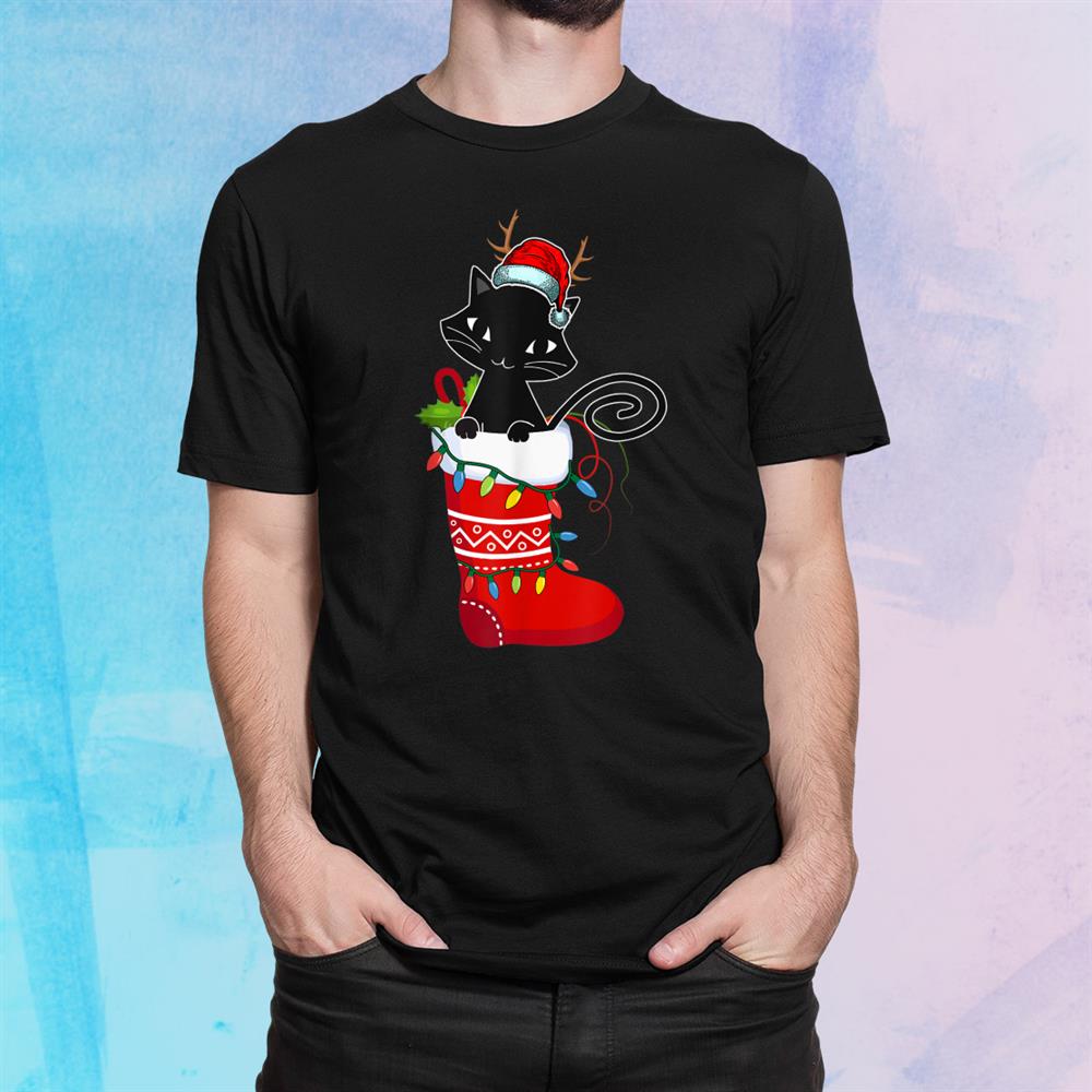 Funny Black Cat Christmas Lights In Stockings Pajama Shirt Funny Black Cat Christmas Lights In Stockings Pajama Shirt