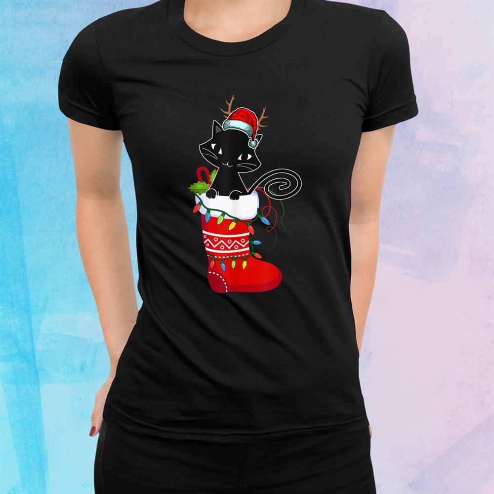 Funny Black Cat Christmas Lights In Stockings Pajama Shirt Funny Black Cat Christmas Lights In Stockings Pajama Shirt