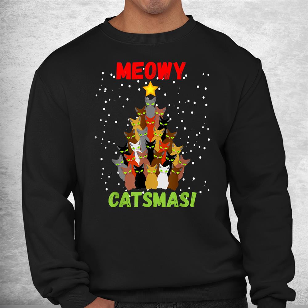 Funny Meowy Cats Christmas Tree Xmas Lights Boys Girls Kids Shirt Funny Meowy Cats Christmas Tree Xmas Lights Boys Girls Kids Shirt