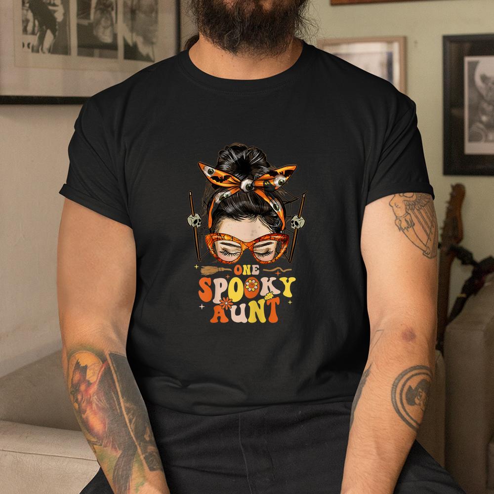 Groovy One Spooky Aunt Messy Bun Hippie Halloween Shirt Groovy One Spooky Aunt Messy Bun Hippie Halloween Shirt