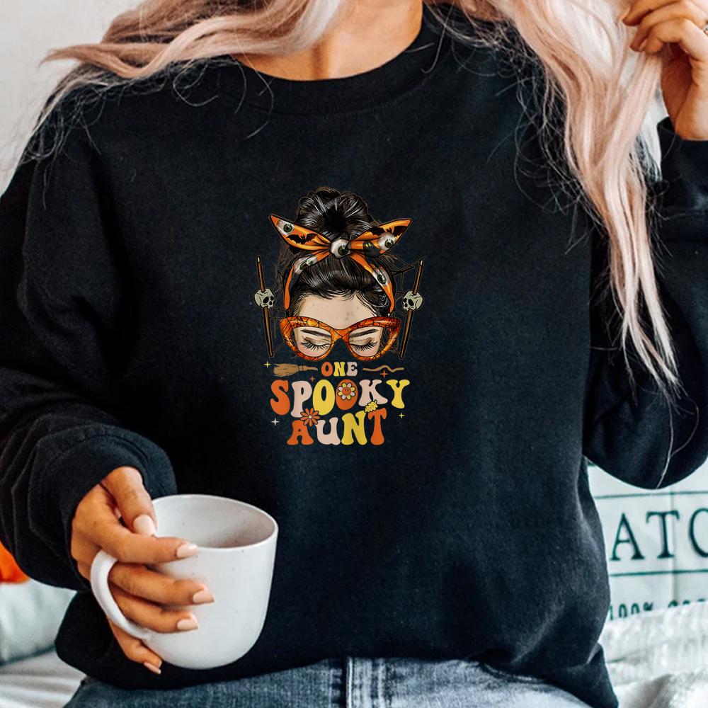 Groovy One Spooky Aunt Messy Bun Hippie Halloween Shirt Groovy One Spooky Aunt Messy Bun Hippie Halloween Shirt