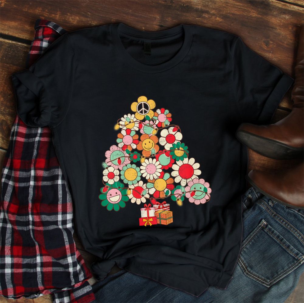 Groovy Retro Christmas Tree Lights Floral Peace Signs Hippie Shirt Groovy Retro Christmas Tree Lights Floral Peace Signs Hippie Shirt