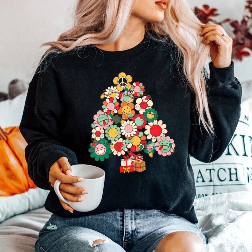 Groovy Retro Christmas Tree Lights Floral Peace Signs Hippie Shirt Groovy Retro Christmas Tree Lights Floral Peace Signs Hippie Shirt