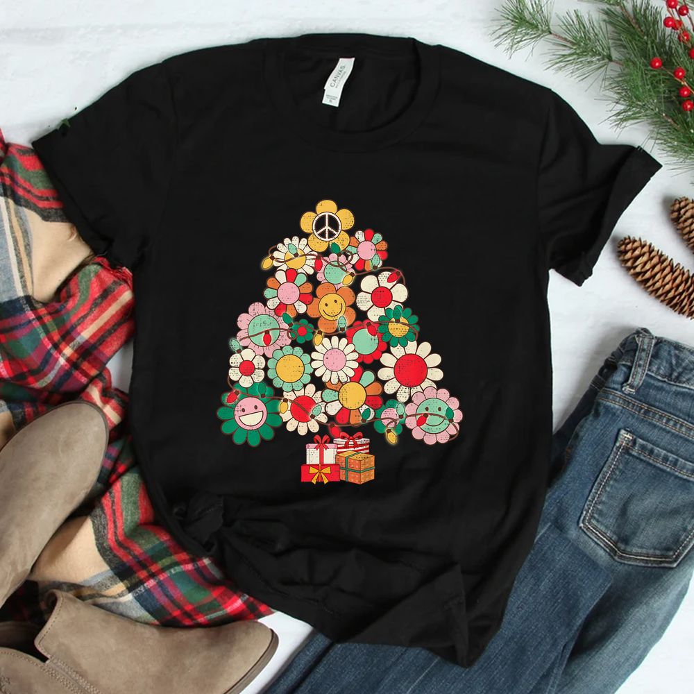 Groovy Retro Christmas Tree Lights Floral Peace Signs Hippie Shirt Groovy Retro Christmas Tree Lights Floral Peace Signs Hippie Shirt