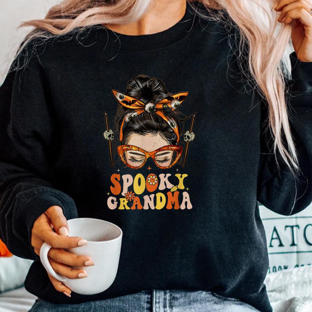 Groovy Spooky Grandma Messy Bun Women Hippie Halloween Shirt Groovy Spooky Grandma Messy Bun Women Hippie Halloween Shirt
