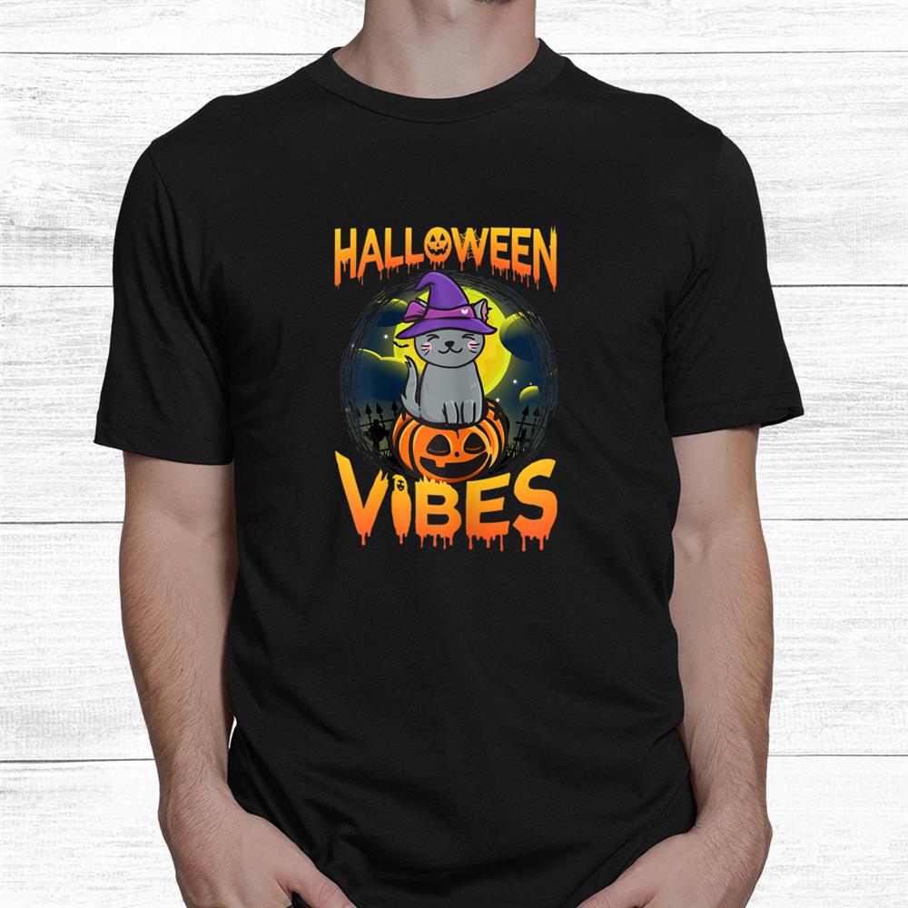 Halloween Vibes Cat Sitting On Pumpkin Full Moon Graveyard Shirt Halloween Vibes Cat Sitting On Pumpkin Full Moon Graveyard Shirt
