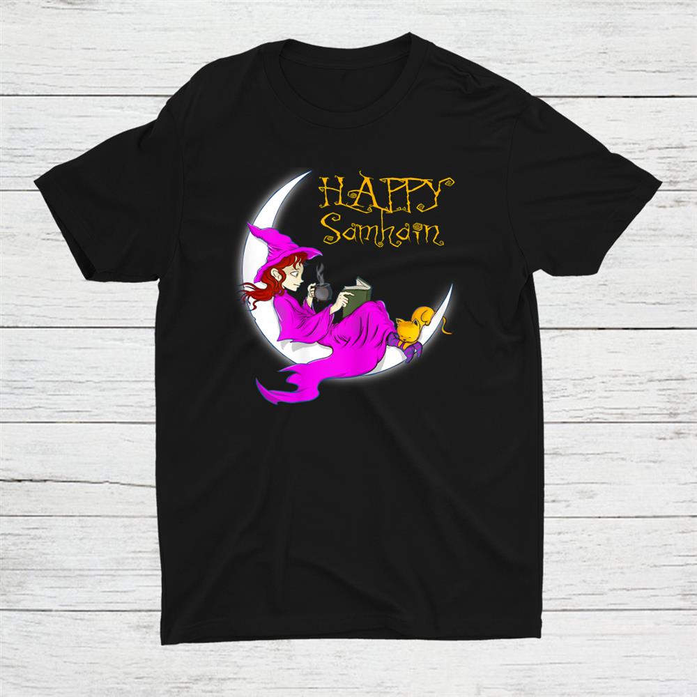 Happy Samhain Purple Witch Books Coffee Cats Moon Halloween Shirt Happy Samhain Purple Witch Books Coffee Cats Moon Halloween Shirt