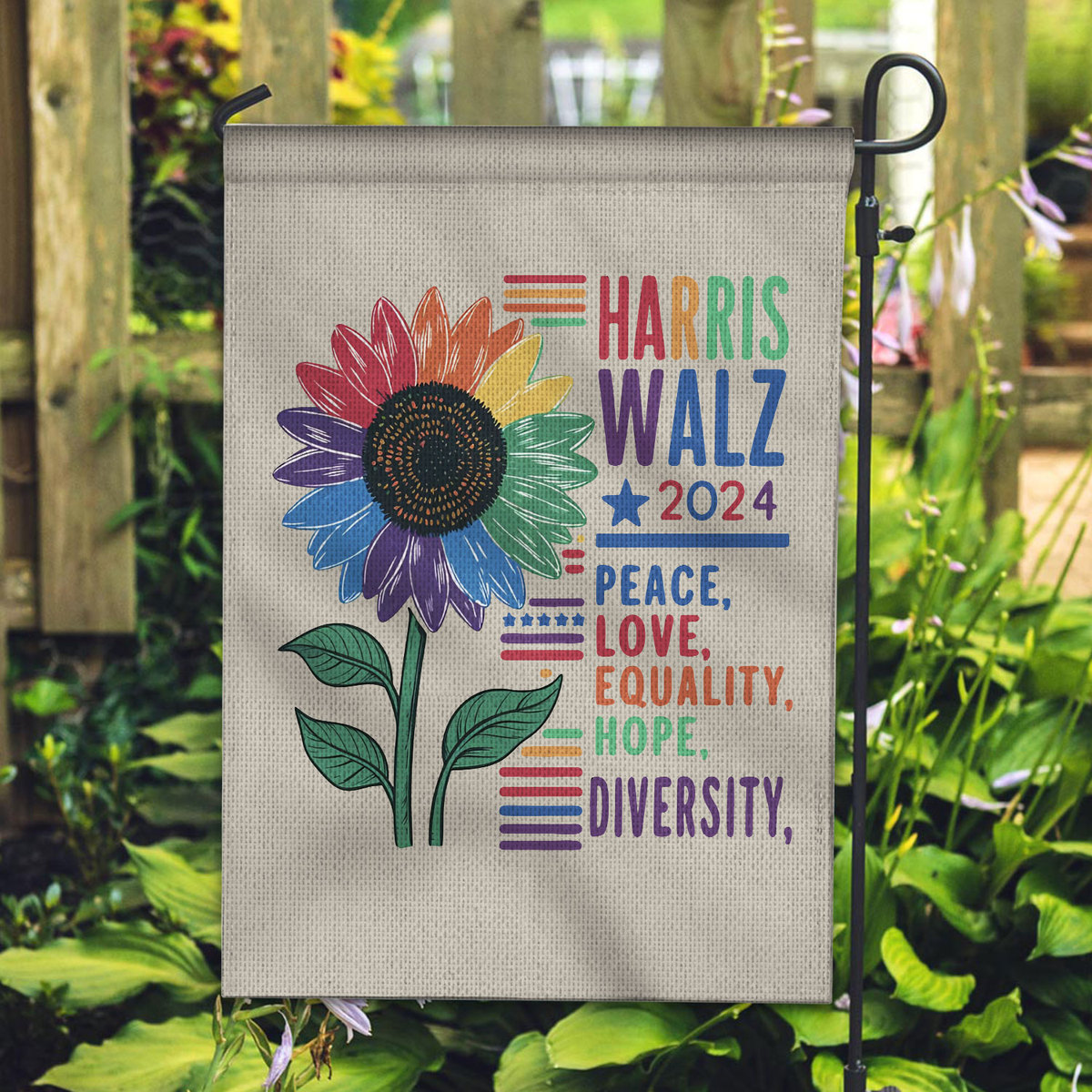 Harris Walz 2024 Peace Love Equality Hope Diversity Garden Flag Harris Walz 2024 Peace Love Equality Hope Diversity Garden Flag