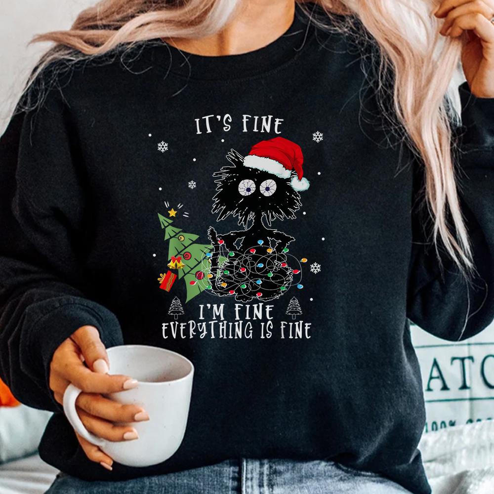 I’m Fine Everything Is Fine Black Cats Christmas Family Tree Shirt I’m Fine Everything Is Fine Black Cats Christmas Family Tree Shirt