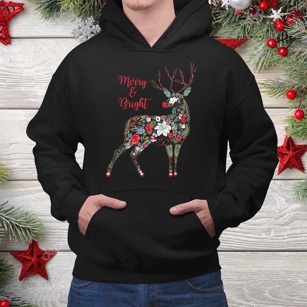 Merry And Bright Botanical Christmas Reindeer Holiday Shirt Merry And Bright Botanical Christmas Reindeer Holiday Shirt