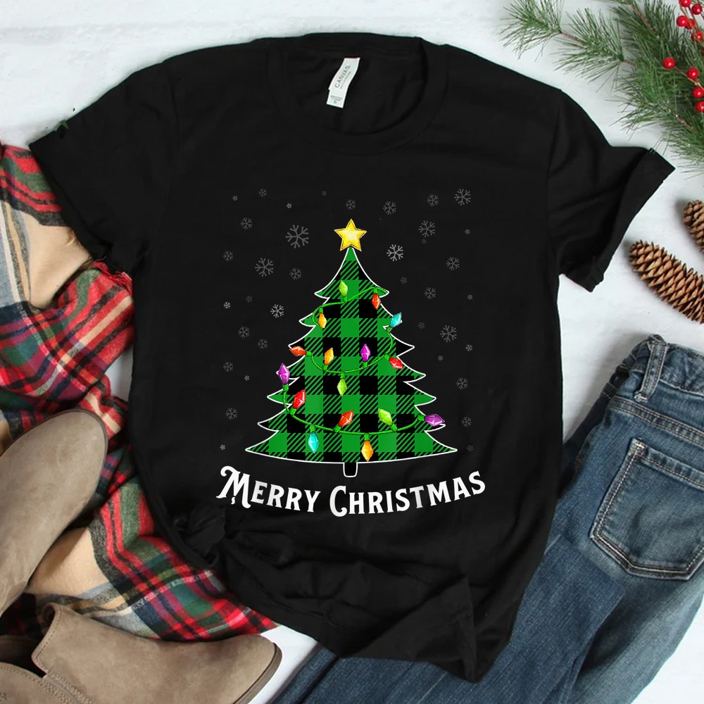 Merry Christmas Green Buffalo Plaid Tree Light Shirt Merry Christmas Green Buffalo Plaid Tree Light Shirt