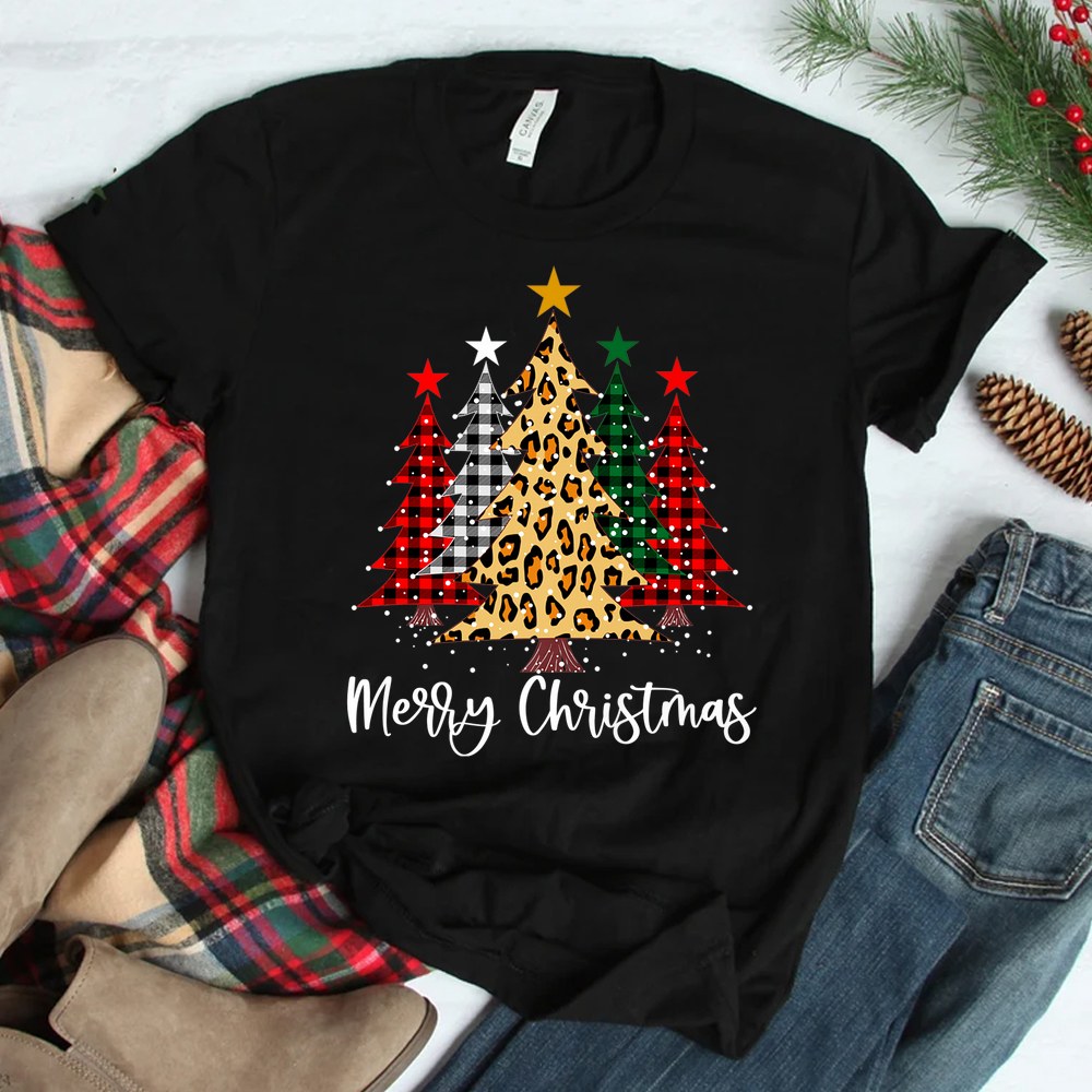 Merry Christmas Trees With Buffalo Red Plaid Leopard Shirt Merry Christmas Trees With Buffalo Red Plaid Leopard Shirt