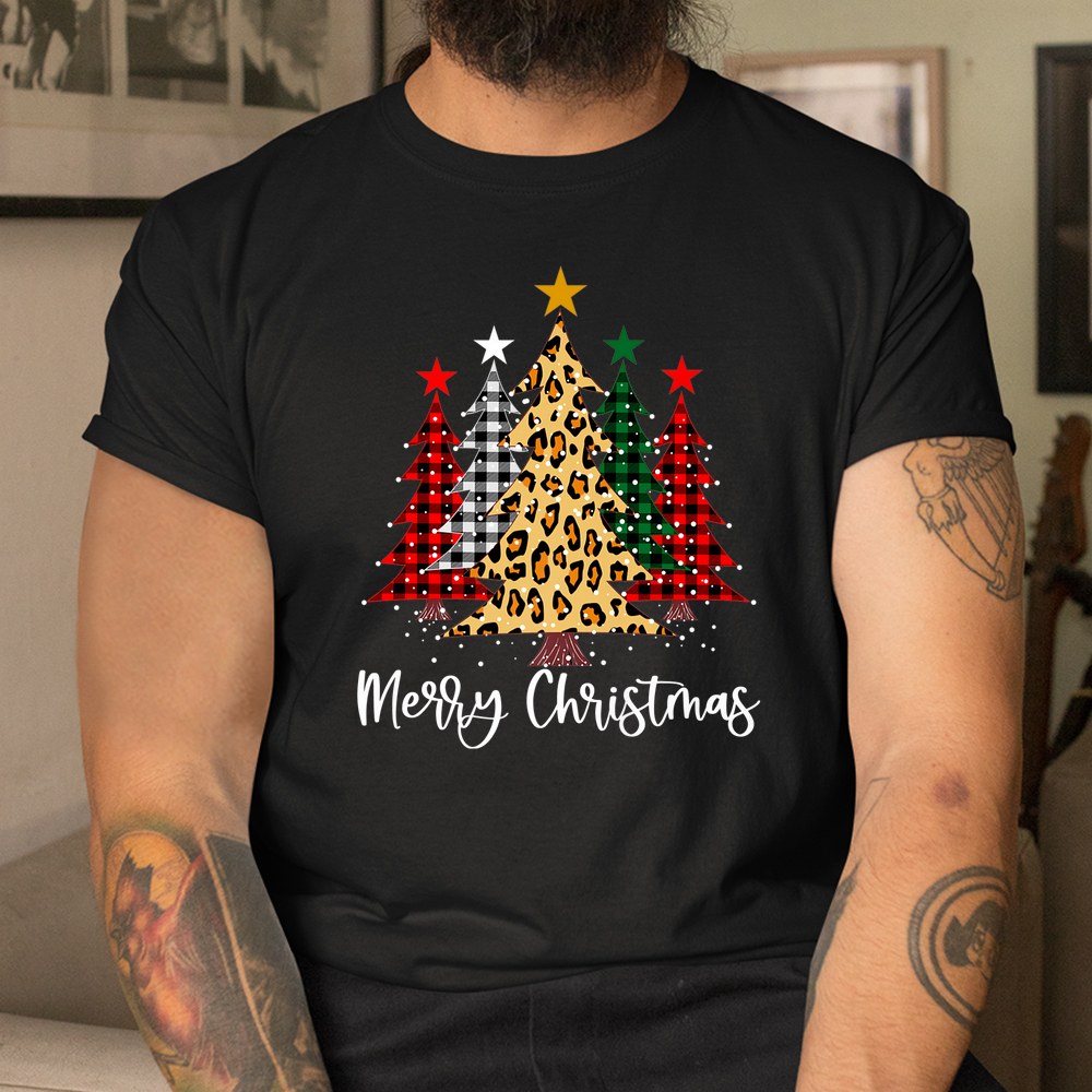 Merry Christmas Trees With Buffalo Red Plaid Leopard Shirt Merry Christmas Trees With Buffalo Red Plaid Leopard Shirt