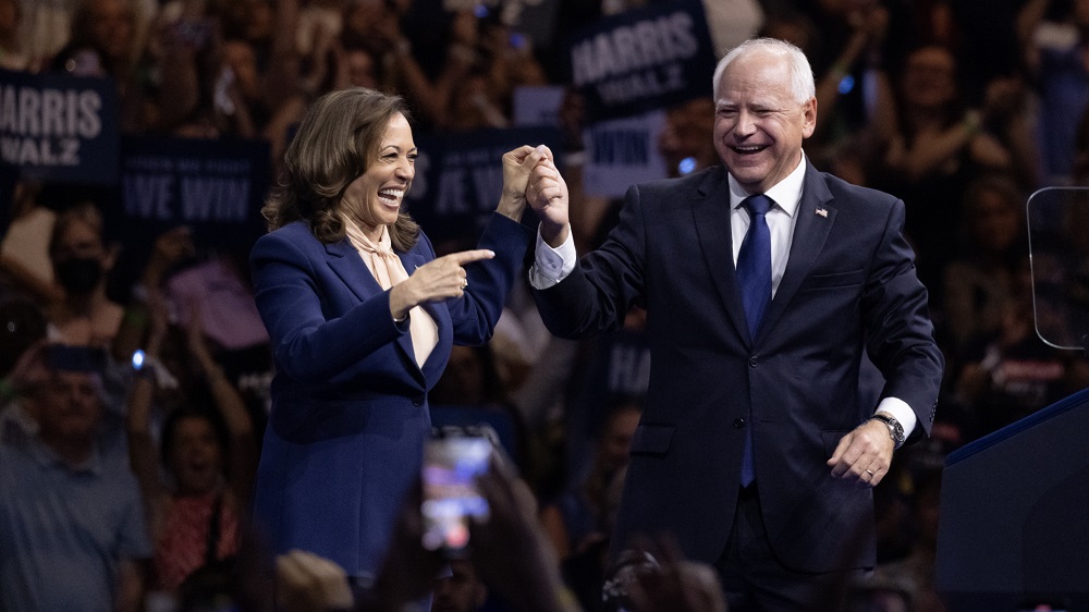 Democratic presidential candidate US Vice President Kamala Harris holds a campaign rally with Democratic vice presidential candidate Tim Walz