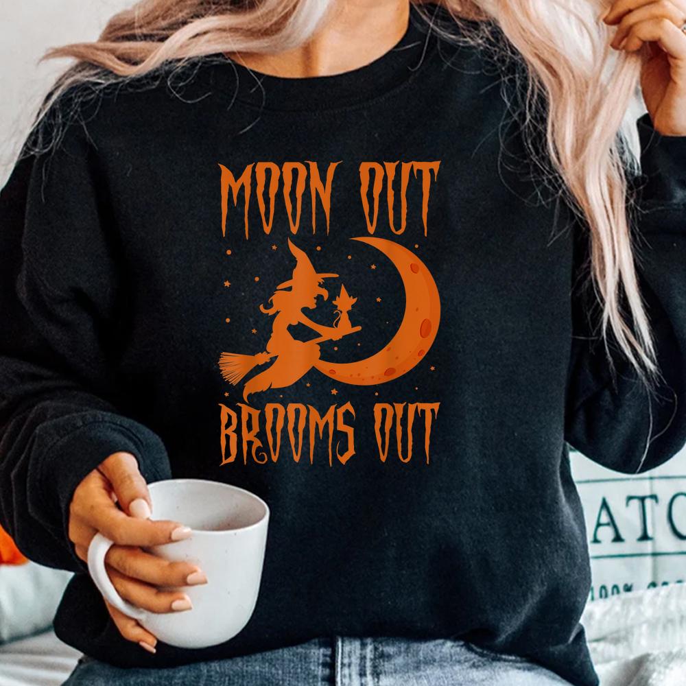 Moon Out Brooms Out Halloween Broom Witch Hat Cat Shirt Moon Out Brooms Out Halloween Broom Witch Hat Cat Shirt