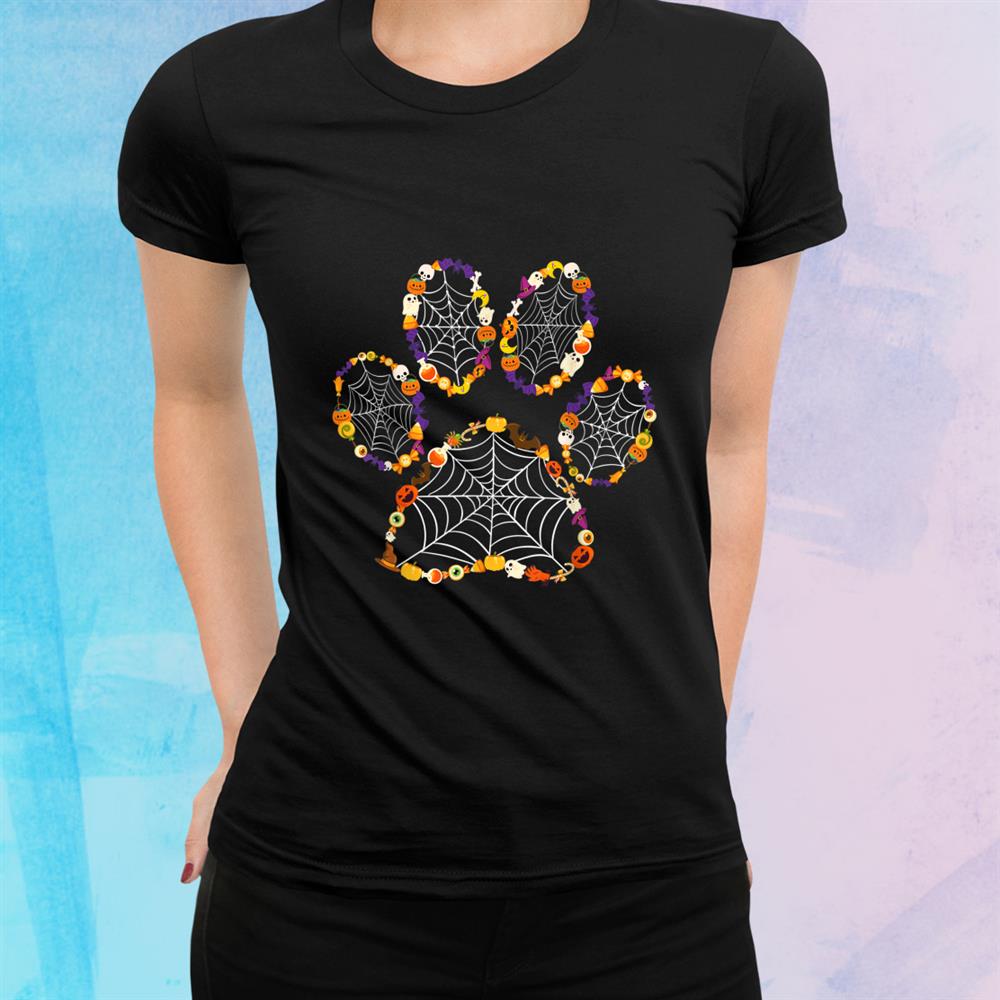 Paw Print Halloween Dog Candy Pumpkin Ghost Women Girls Shirt Paw Print Halloween Dog Candy Pumpkin Ghost Women Girls Shirt