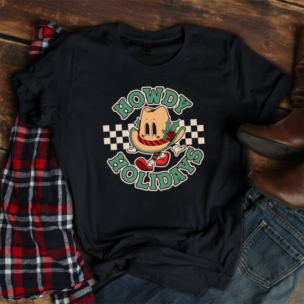 Retro Cartoon Christmas Cowboy Hat Howdy Holidays Shirt Retro Cartoon Christmas Cowboy Hat Howdy Holidays Shirt