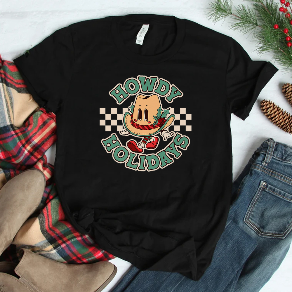 Retro Cartoon Christmas Cowboy Hat Howdy Holidays Shirt Retro Cartoon Christmas Cowboy Hat Howdy Holidays Shirt