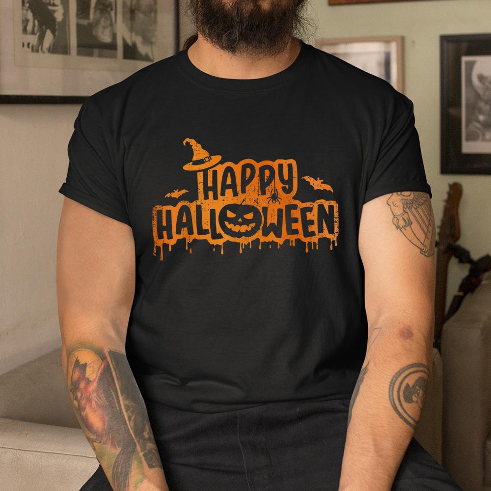 Scary Happy Halloween With Witch Hat Pumpkin Face And Bats Shirt Scary Happy Halloween With Witch Hat Pumpkin Face And Bats Shirt