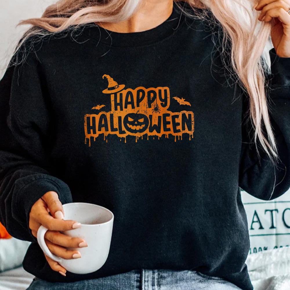 Scary Happy Halloween With Witch Hat Pumpkin Face And Bats Shirt Scary Happy Halloween With Witch Hat Pumpkin Face And Bats Shirt