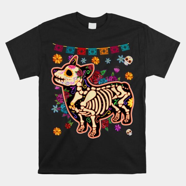 Sugar Skull Mexican Corgi Bone Halloween Day Of Dead Shirt