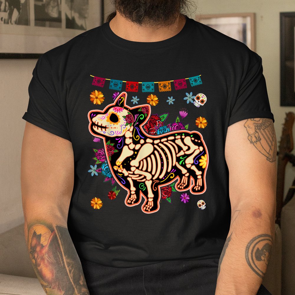 Sugar Skull Mexican Corgi Bone Halloween Hirt Sugar Skull Mexican Corgi Bone Halloween Hirt