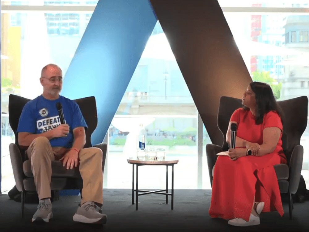 UAW Shawn Fain wore Defeat Trump Vote Harris Shirt