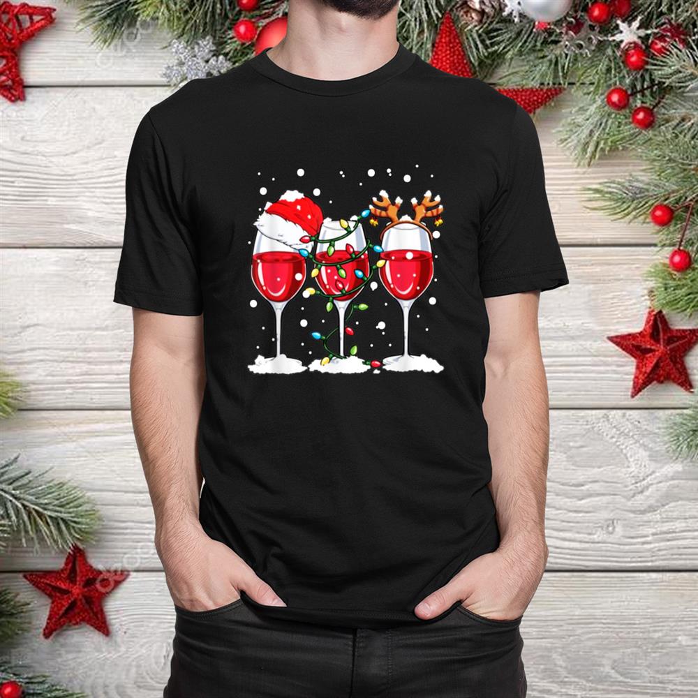 Wine Glasses Reindeer Santa Hat Christmas Shirt Wine Glasses Reindeer Santa Hat Christmas Shirt