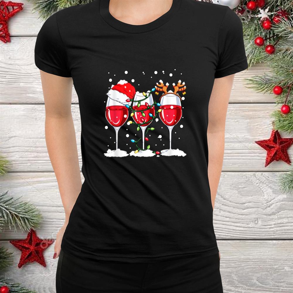 Wine Glasses Reindeer Santa Hat Christmas Shirt Wine Glasses Reindeer Santa Hat Christmas Shirt