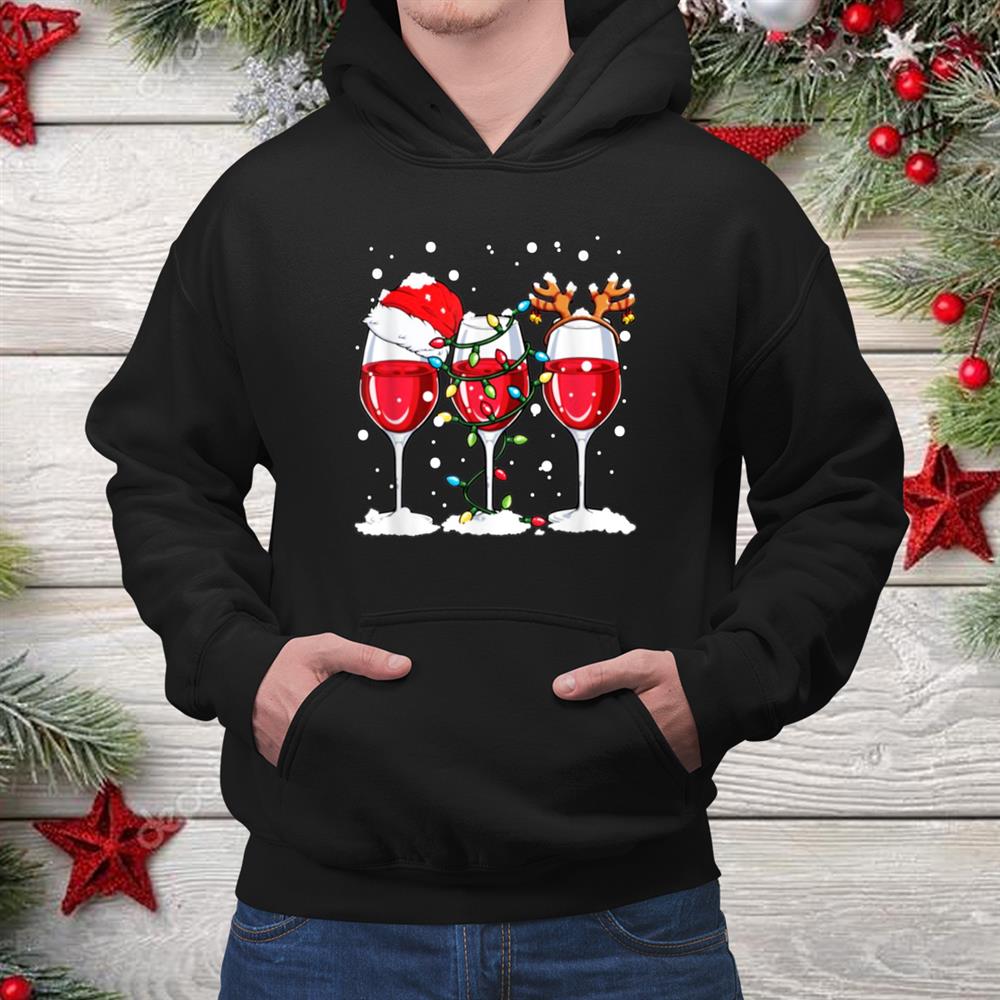 Wine Glasses Reindeer Santa Hat Christmas Shirt Wine Glasses Reindeer Santa Hat Christmas Shirt