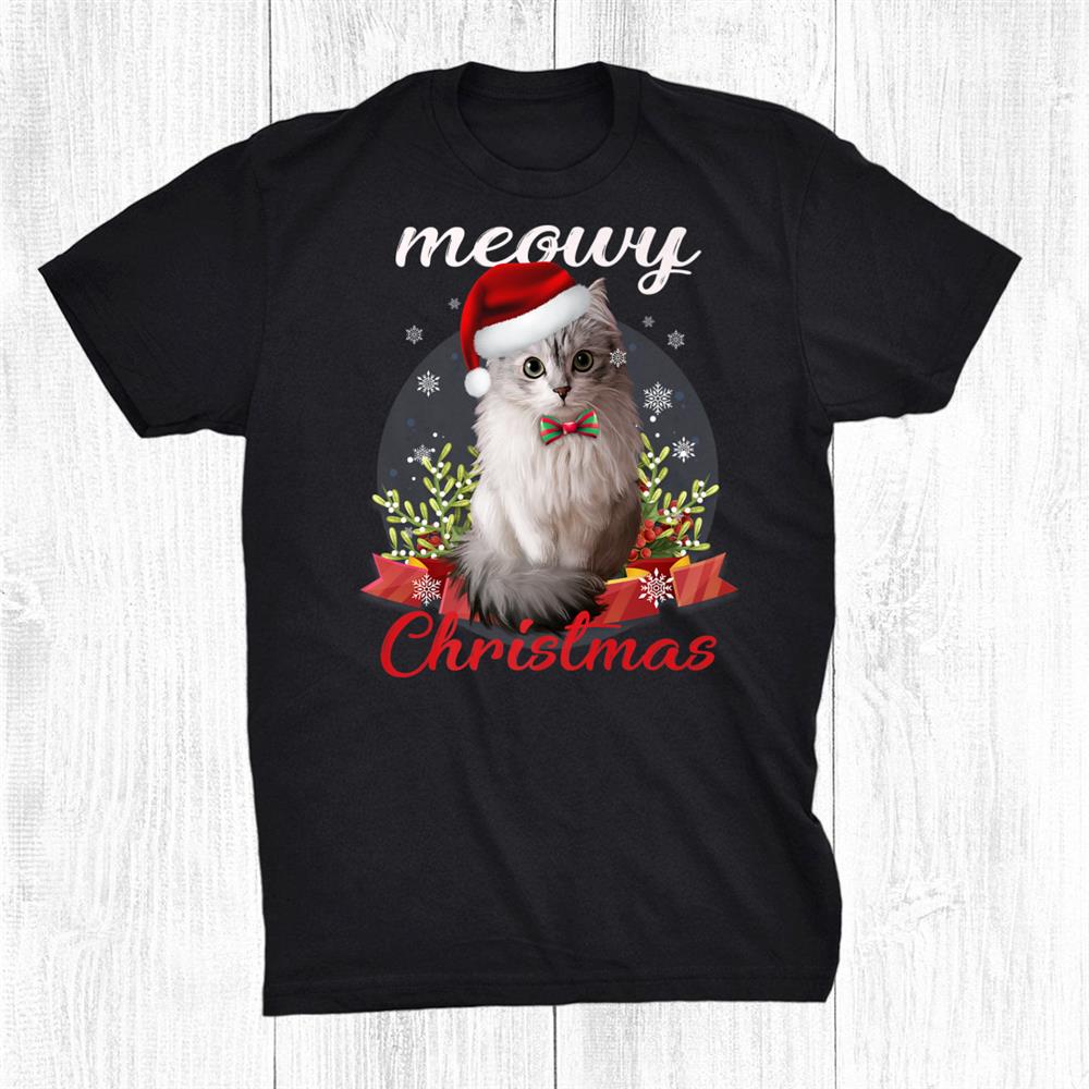 Winter Holiday Furry White Sitting Cat Christmas Santa Hat Shirt Winter Holiday Furry White Sitting Cat Christmas Santa Hat Shirt
