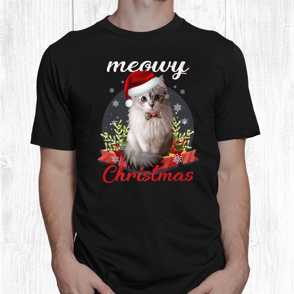 Winter Holiday Furry White Sitting Cat Christmas Santa Hat Shirt Winter Holiday Furry White Sitting Cat Christmas Santa Hat Shirt