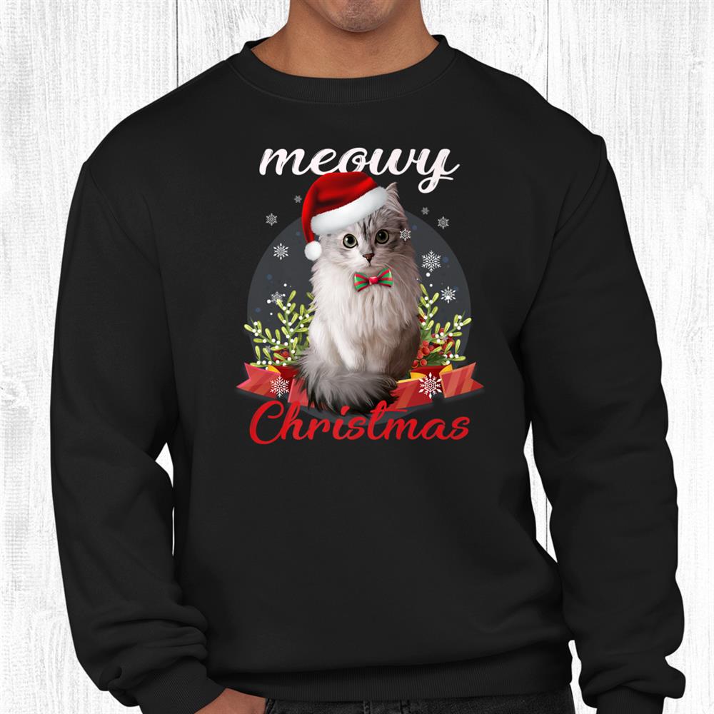 Winter Holiday Furry White Sitting Cat Christmas Santa Hat Shirt Winter Holiday Furry White Sitting Cat Christmas Santa Hat Shirt