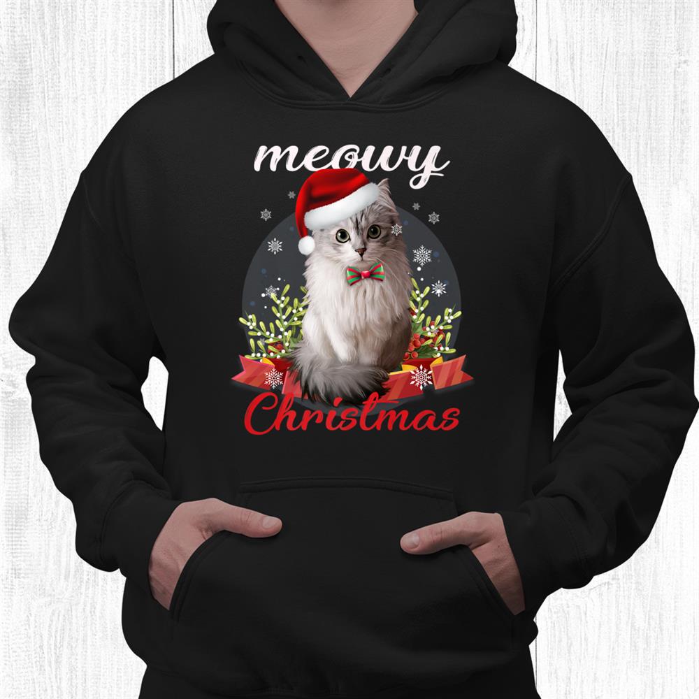 Winter Holiday Furry White Sitting Cat Christmas Santa Hat Shirt Winter Holiday Furry White Sitting Cat Christmas Santa Hat Shirt