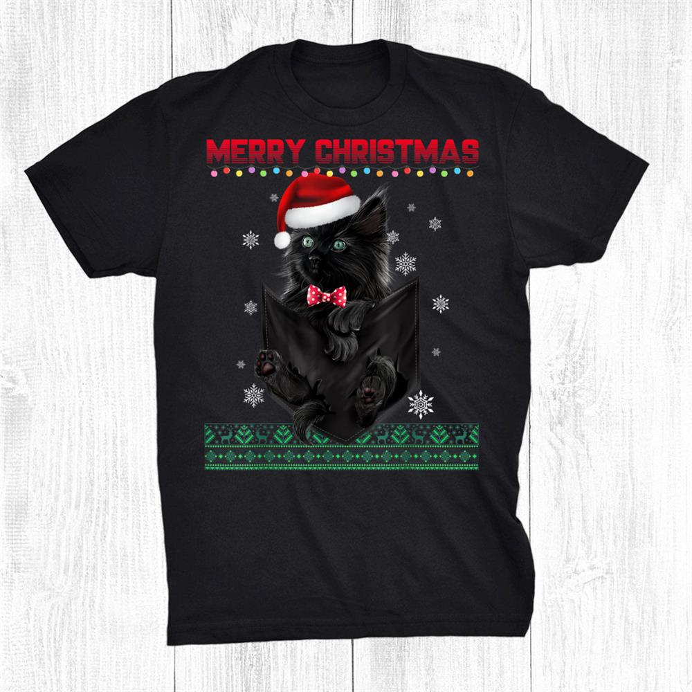 Winter Holiday Green Eyes Kitten Pocket Christmas Santa Hat Shirt Winter Holiday Green Eyes Kitten Pocket Christmas Santa Hat Shirt