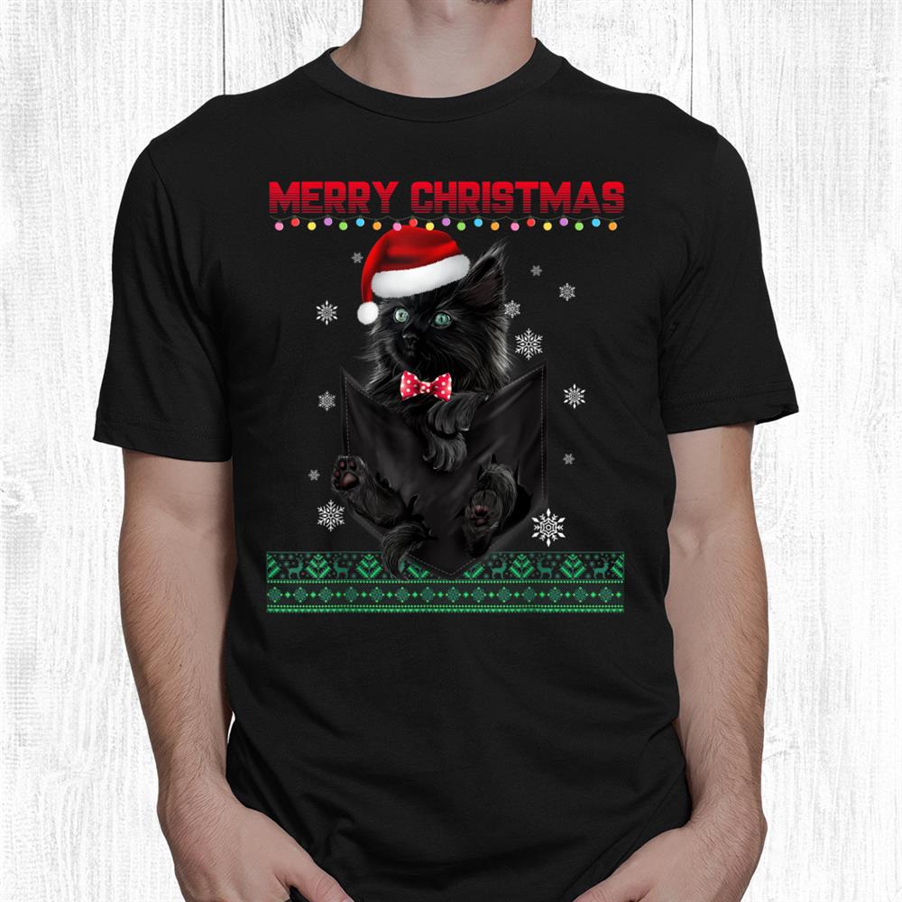 Winter Holiday Green Eyes Kitten Pocket Christmas Santa Hat Shirt Winter Holiday Green Eyes Kitten Pocket Christmas Santa Hat Shirt