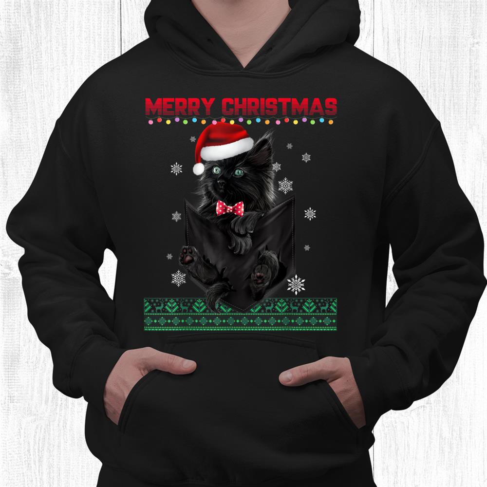 Winter Holiday Green Eyes Kitten Pocket Christmas Santa Hat Shirt Winter Holiday Green Eyes Kitten Pocket Christmas Santa Hat Shirt