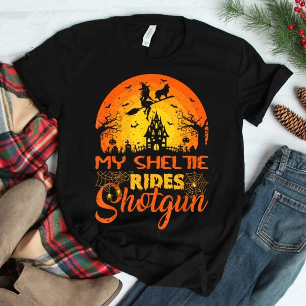witch my sheltie rides shotgun halloween shirt 2